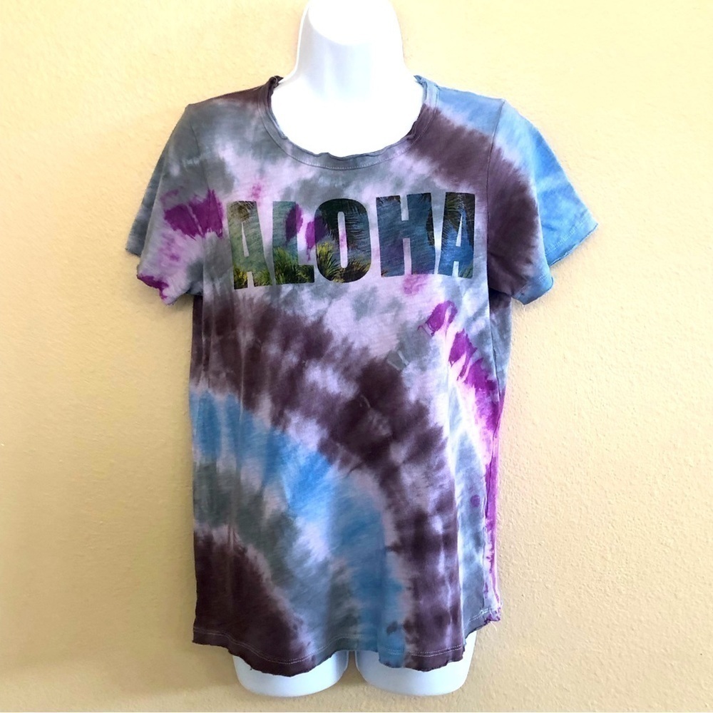 Chaser Tie Dyed Aloha Graphic Print Raw Hem Short Sleeves Shirt Size M